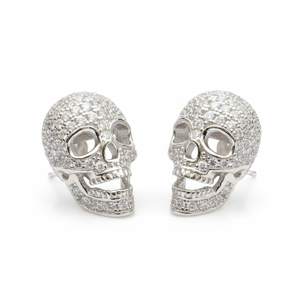 Fine Zirconia Sterling Silver Crystal Skull Stud Earrings