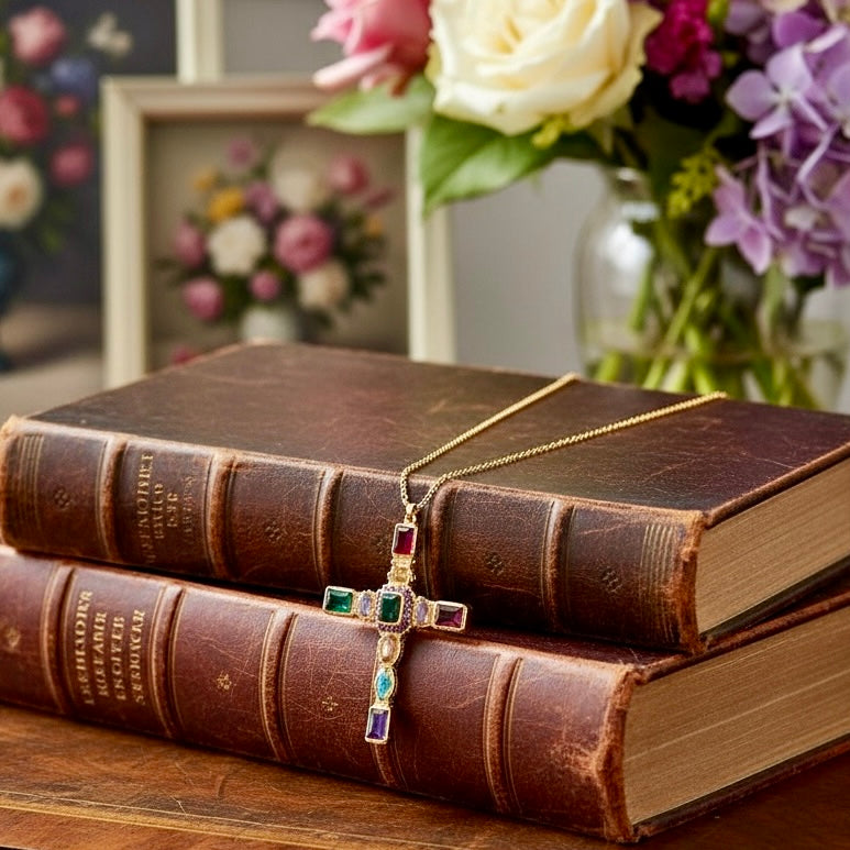 Byzantine Inspired Created Gemstone Cross Pendant - Twelve Silver Trees