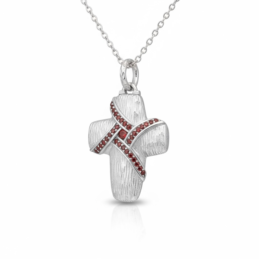 Sterling Silver Cross Pendant with Red Created Diamonds ltd Edition - Twelve Silver Trees