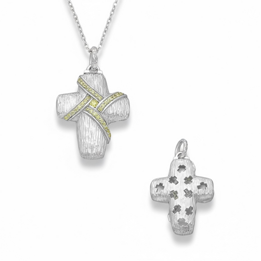 Sterling Silver Cross Pendant, Decorated with Yellow Created Diamonds - Twelve Silver Trees