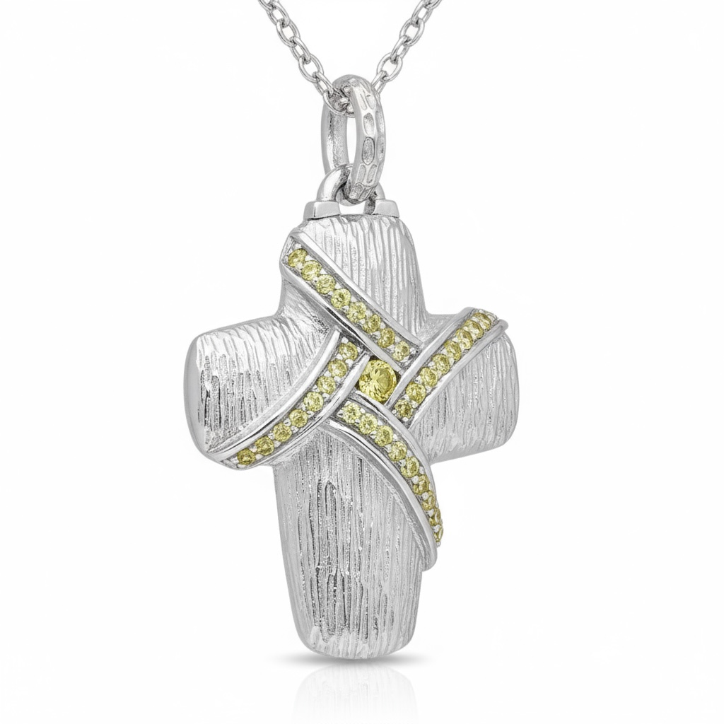 Sterling Silver Cross Pendant, Decorated with Yellow Created Diamonds - Twelve Silver Trees