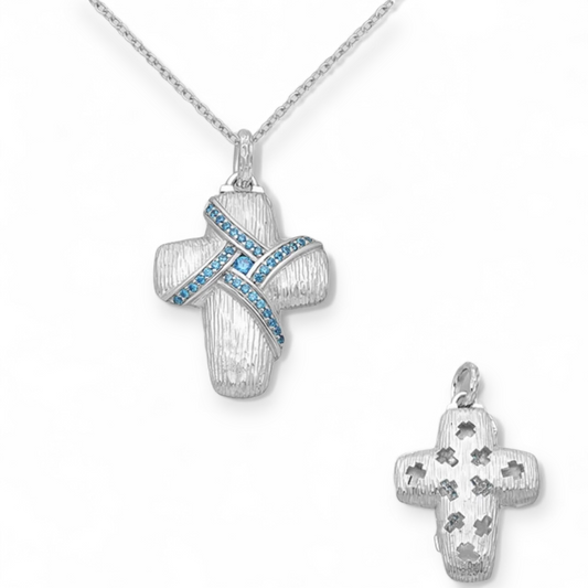 Sterling Silver Cross Pendant with Blue Created Diamonds - Twelve Silver Trees