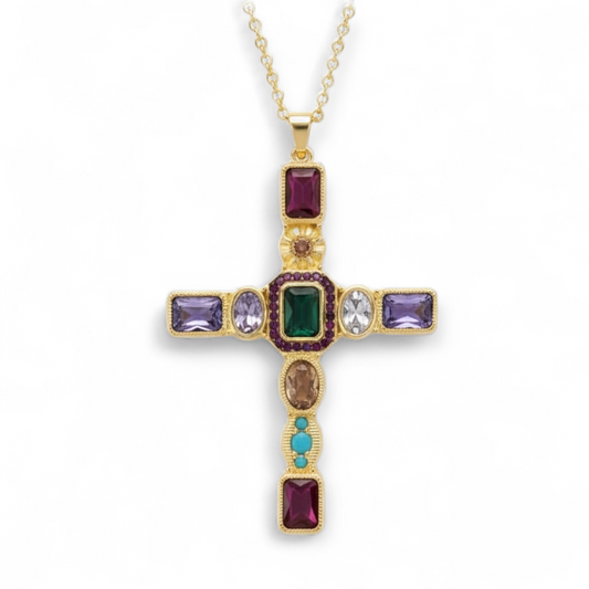 Byzantine Inspired Created Gemstone Cross Pendant - Twelve Silver Trees