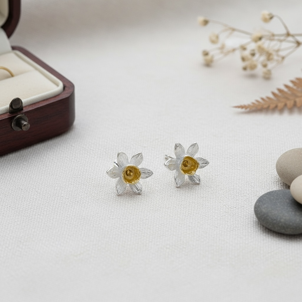 Daffodil Flower Stud Earrings in Sterling Silver & 18 Carat Gold - Twelve Silver Trees