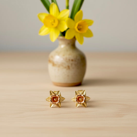 Daffodil Stud Earrings in Sterling Silver & 18 Carat Gold - March Birth Flower - Twelve Silver Trees