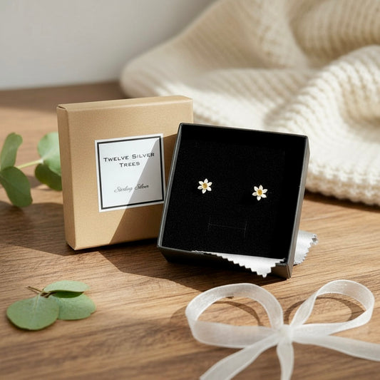 Daffodil Flower Stud Earrings in Sterling Silver & 18 Carat Gold - Twelve Silver Trees