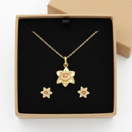 Daffodil Stud Earrings Pendant Set in Sterling Silver & 18 Carat Gold - Twelve Silver Trees