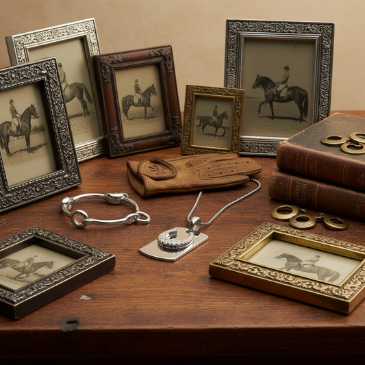 A silver Dog Tag style pendant in sterling silver with a raised cubic zirconia studded horseshoe from the Equestrian Collection at Twelve Silver Trees Jewellery displayed with aCollection of vintage-style photo frames, and books on a wooden surface.