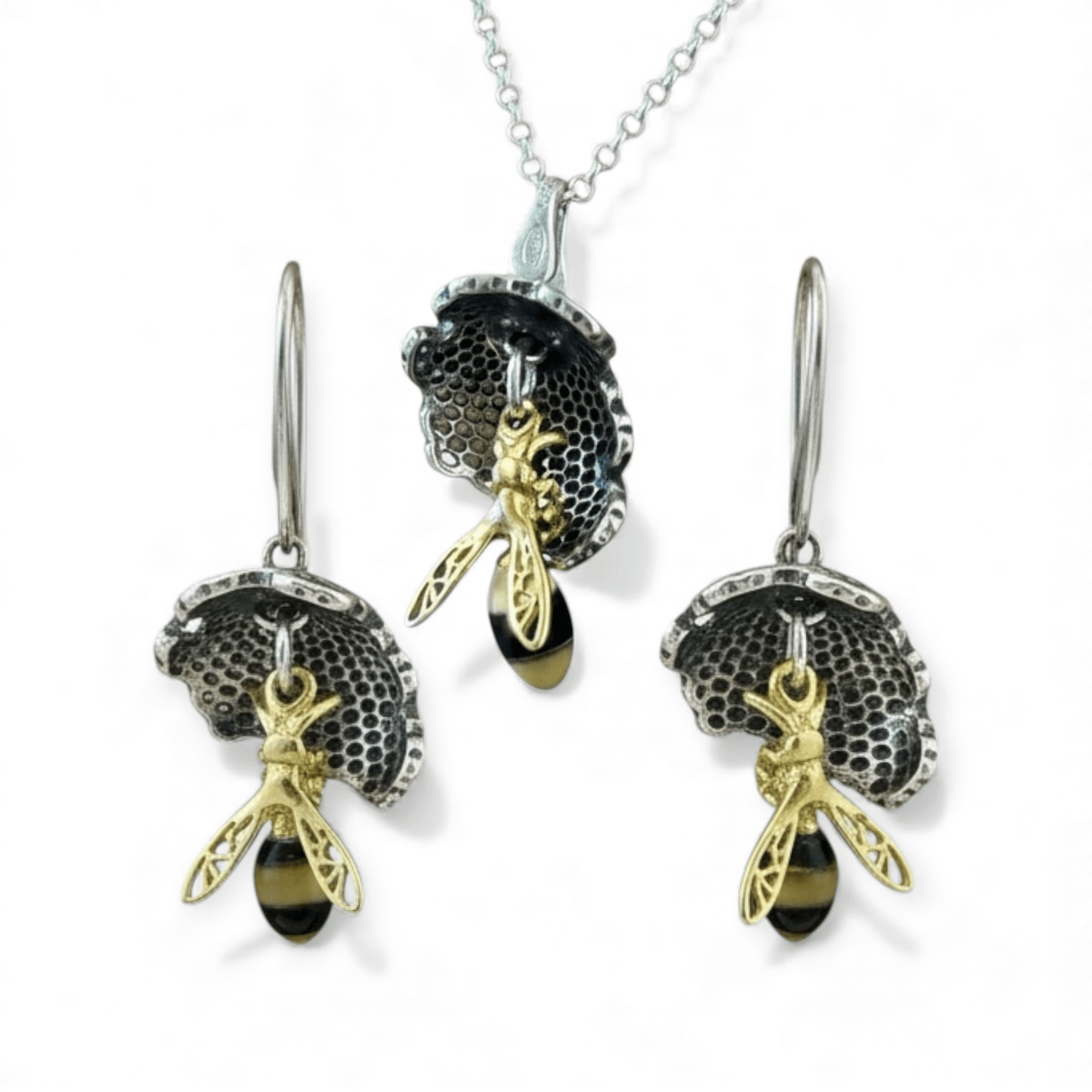 Sterling Silver Amber Bee and Honeycomb Lever-Back Earrings - Twelve Silver Trees