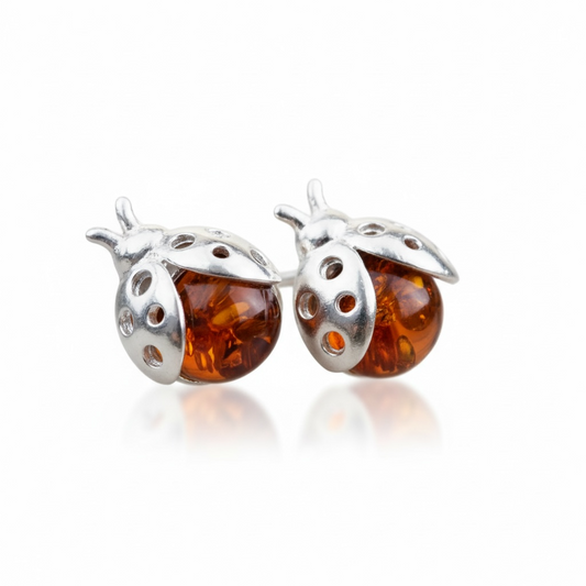 Baltic Amber Ladybird Stud Sterling Silver Earrings - Twelve Silver Trees