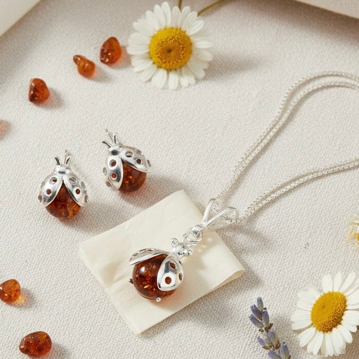 Baltic Amber Ladybird Stud Sterling Silver Earrings - Twelve Silver Trees