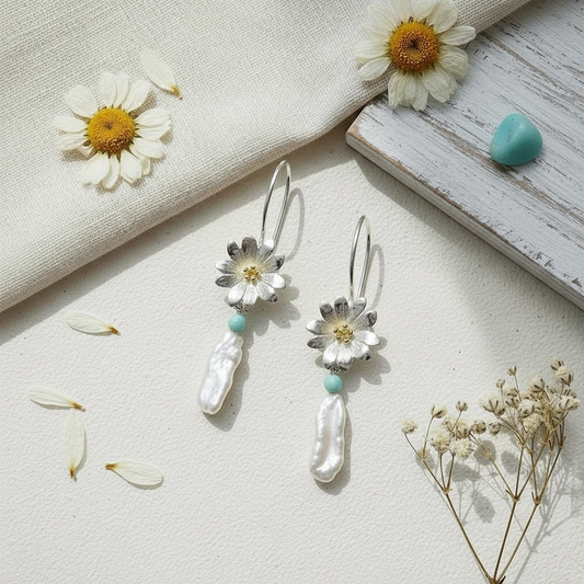 Flower drop earrings in sterling silver with gold stamens and baroque pearl from the Herbarium Collection at Twelve Silver Trees jewellery