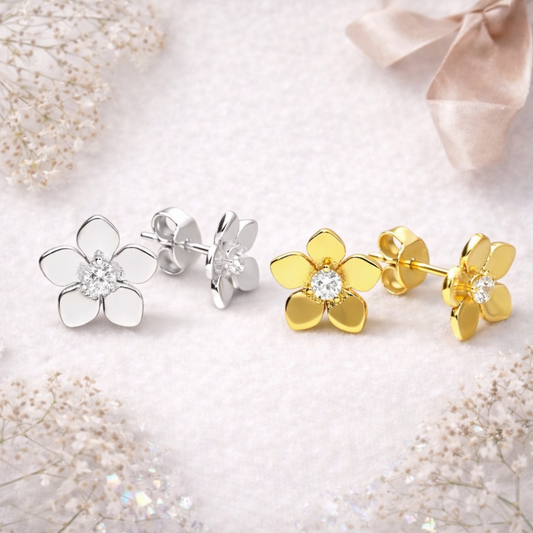 Meadow Flower Zirconia Sterling Silver Solitaire Stud Earrings - Twelve Silver Trees