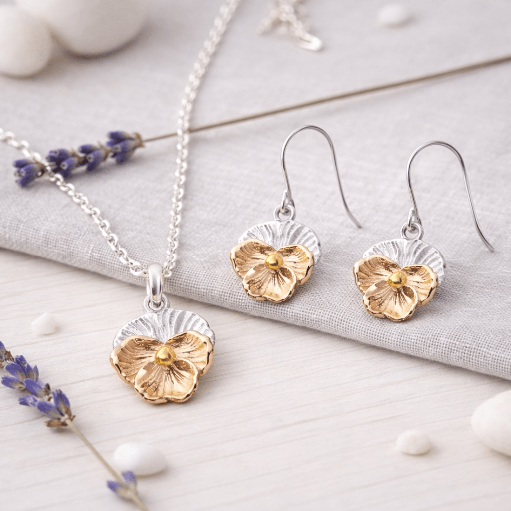 Violet Flower Charm Earrings In Sterling Silver & Gold - February Birth Flower - Twelve Silver Trees