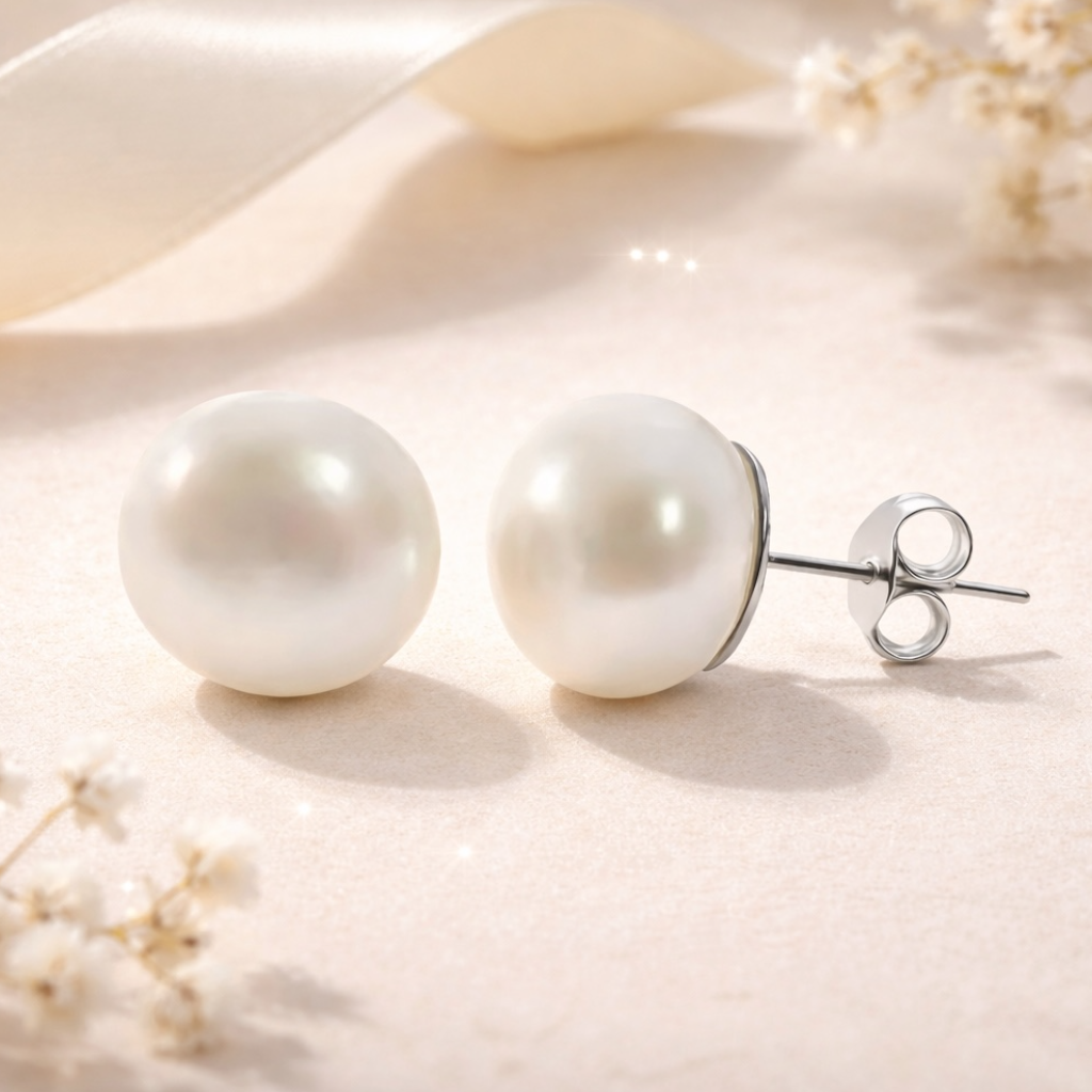 12mm white freshwater pearl stud earrings with sterling silver posts from the gemstone collection at Twelve Silver Trees Jewellery