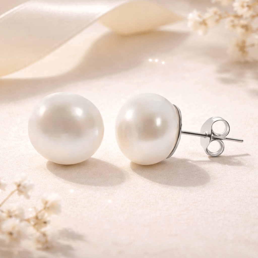 Solstice Freshwater Pearl Stud Earrings in Sterling Silver — 12 mm - Twelve Silver Trees
