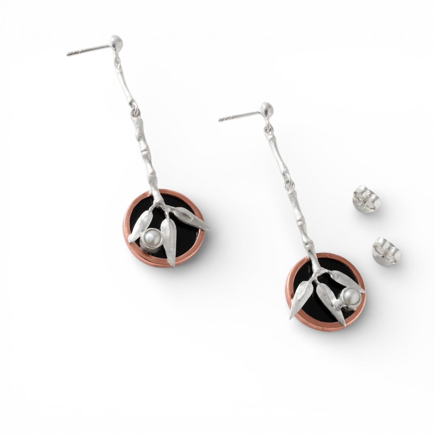 Sterling silver and freshwater pearl Japanese inspired bamboo earrings from the herbarium collection at Twelve silver Trees Jewellery