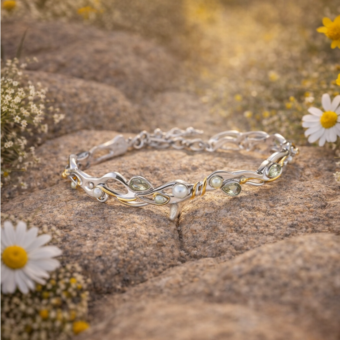 Green amethyst and pearl bracelet on soft white surface with floral detail, sterling silver with gold accents