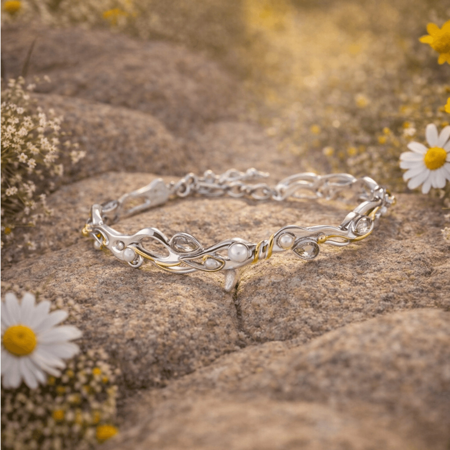 Sunlit Earth Sculptural Bracelet – Green Amethyst & Pearl - Twelve Silver Trees