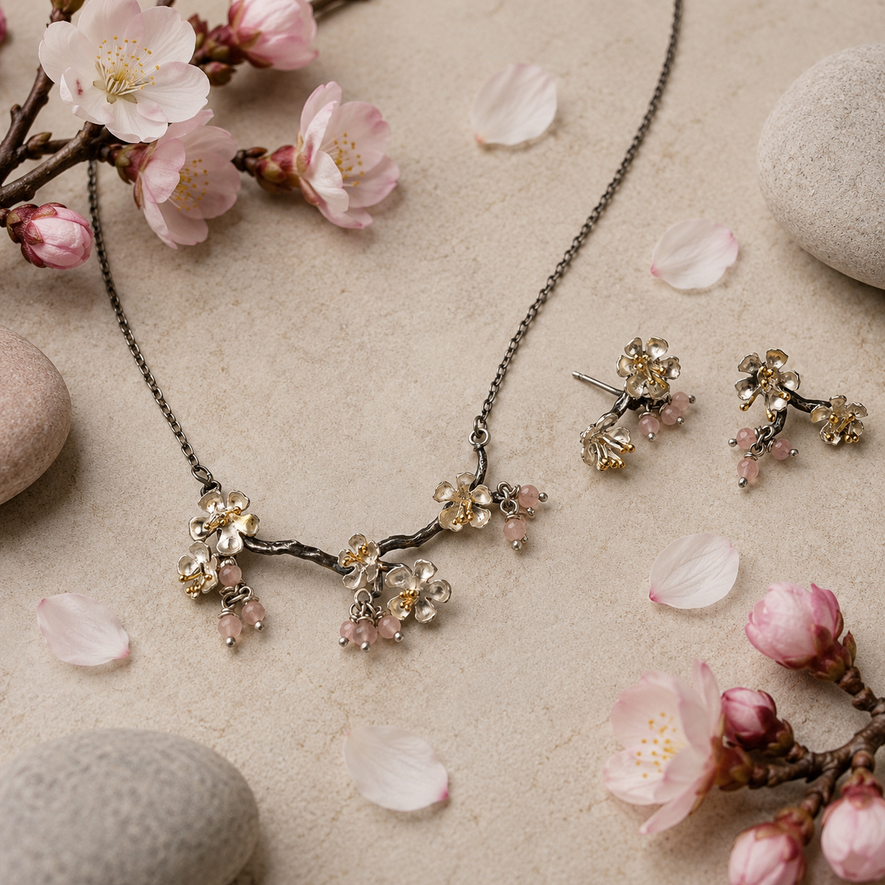Almond Blossom branch necklace and matching earrings gift set displayed with blossom branches and natural stones