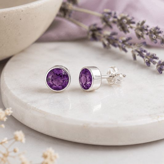 Natural Amethyst Sterling Silver Stud Earrings – 6mm - Twelve Silver Trees