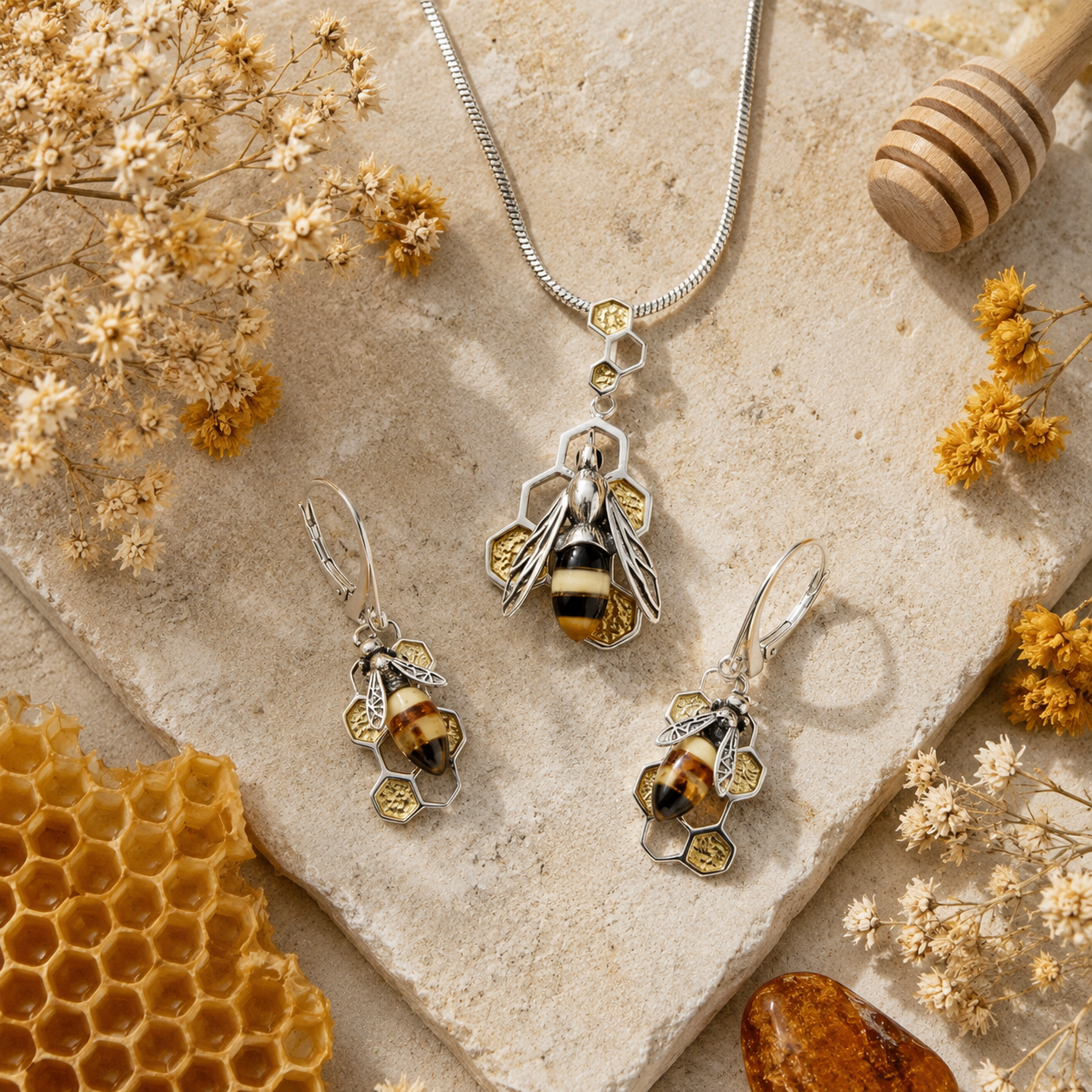 Baltic Amber Bee & Honeycomb Pendant - Twelve Silver Trees