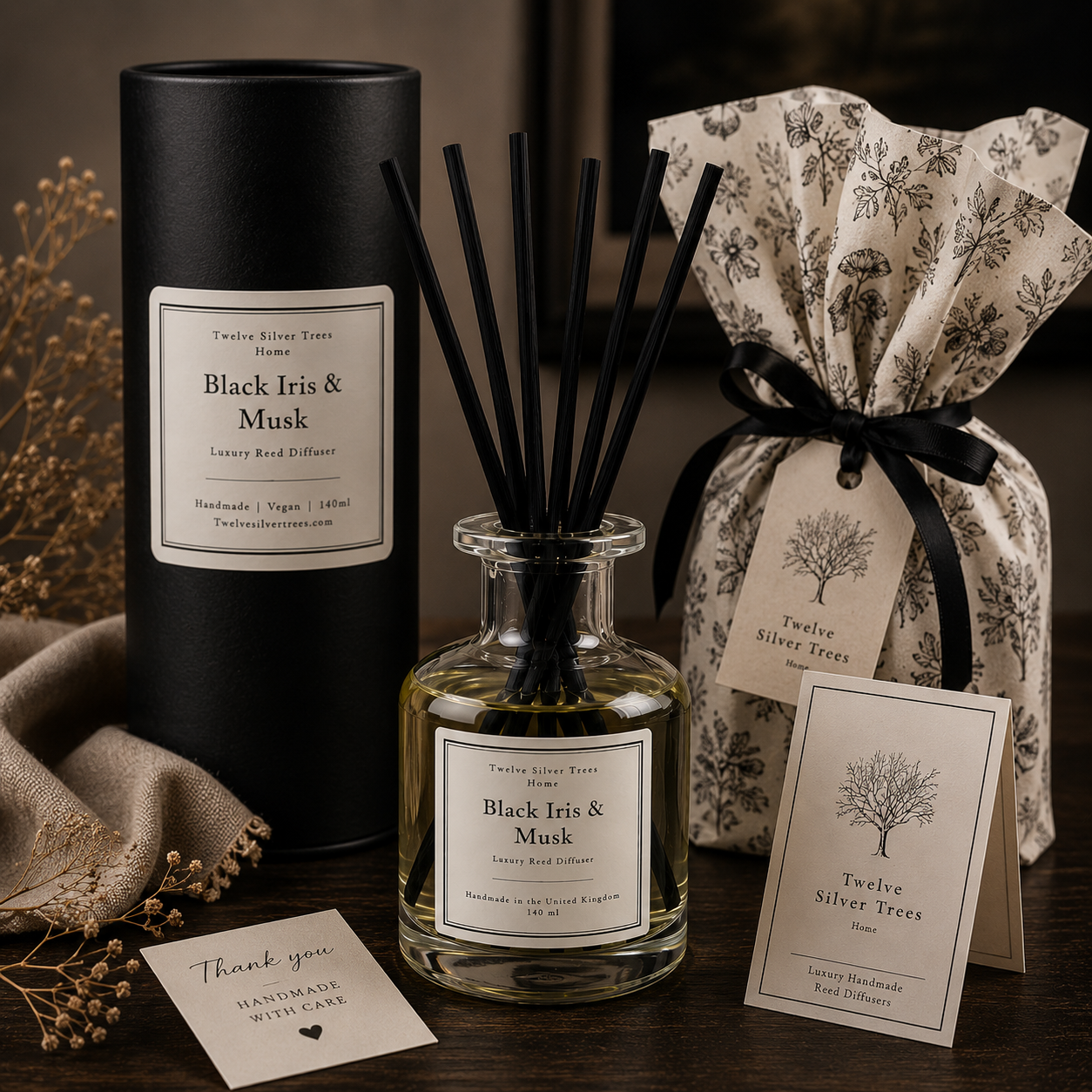 Handmade Black Iris & Musk Luxury Reed Diffuser - Twelve Silver Trees