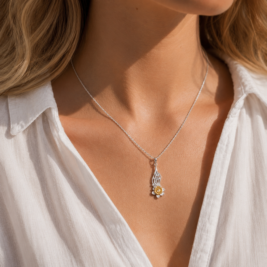 Sterling Silver Daffodil Flower Pendant Necklace with 18ct Gold - Twelve Silver Trees