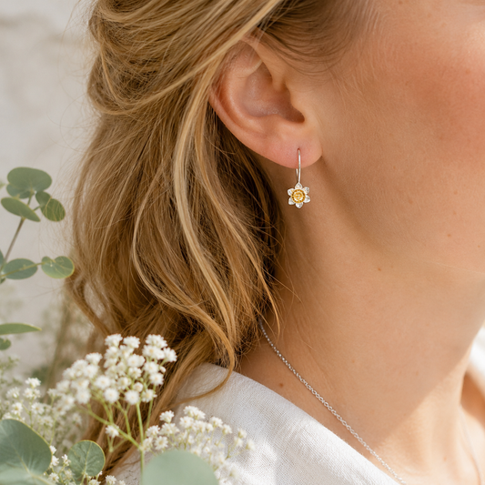 Daffodil Hook Earrings In Sterling Silver With 18 Carat Gold - Twelve Silver Trees