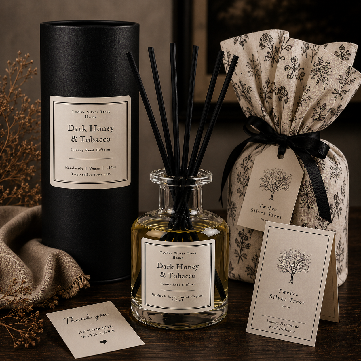 Handmade Dark Honey & Tobacco Luxury Reed Diffuser - Twelve Silver Trees