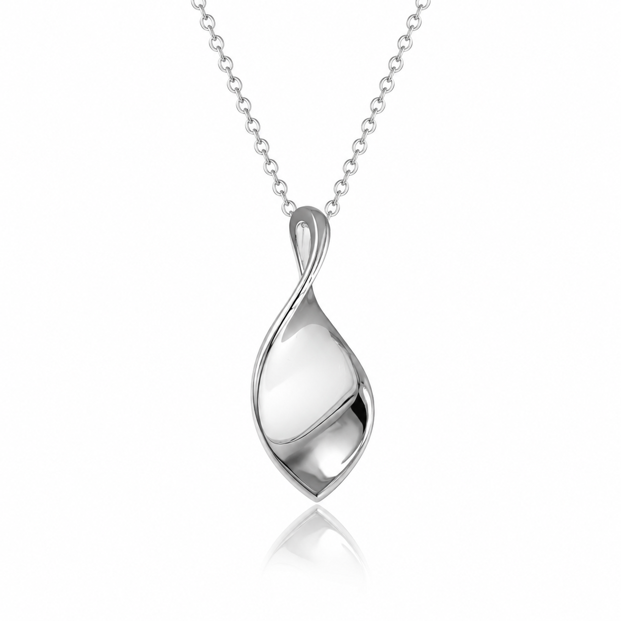 Organic leaf sterling silver pendant necklace with polished flowing leaf design on a fine silver chain against a white background