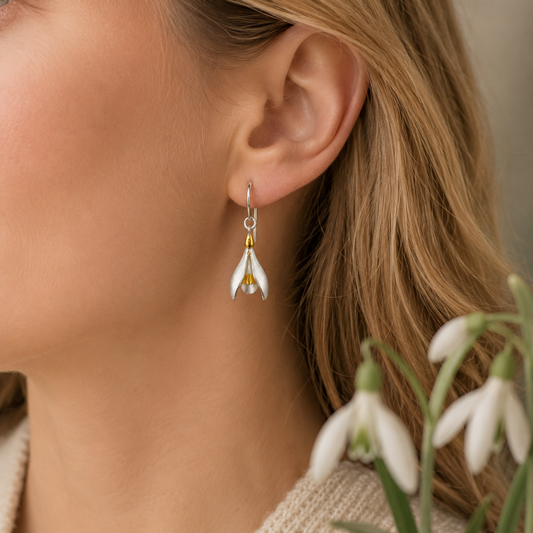 Snowdrop Earrings in Sterling Silver & Gold - Twelve Silver Trees