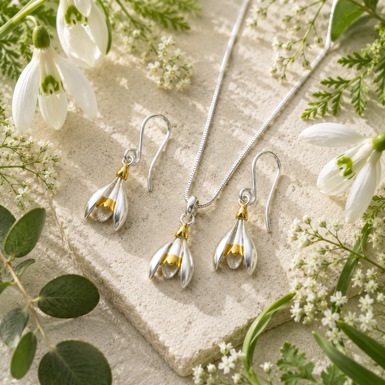Snowdrop Earrings in Sterling Silver & Gold - Twelve Silver Trees