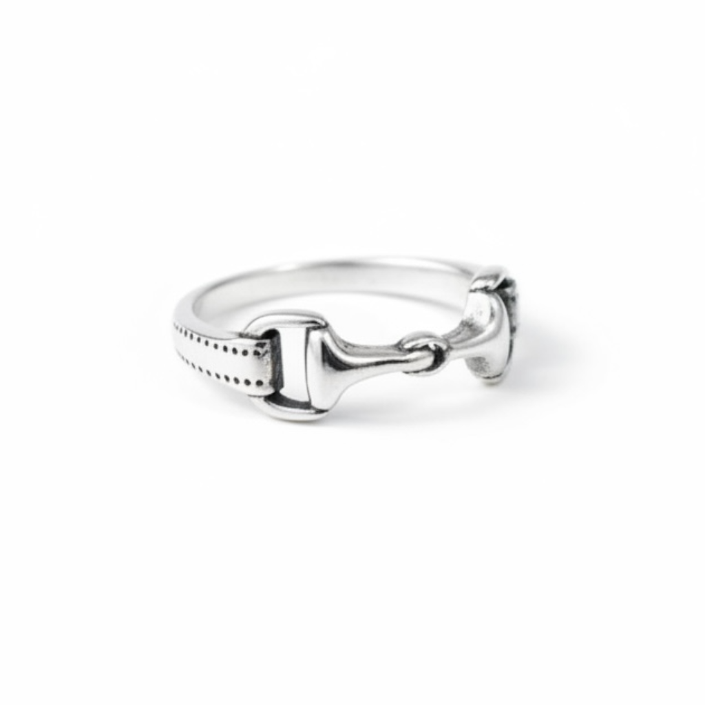 Sterling silver horse bit ring inspired by traditional snaffle tack and equestrian style.