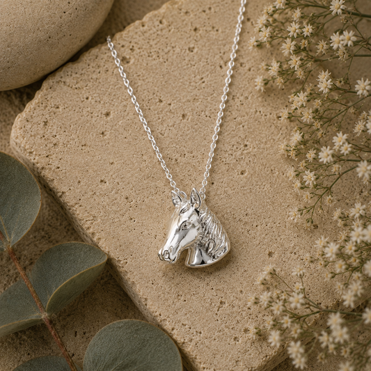 Sterling silver horse head necklace styled on natural stone with botanical foliage and delicate white flowers