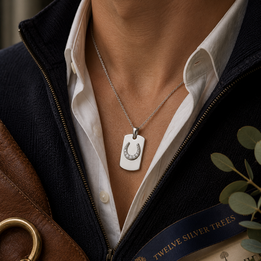 Unisex sterling silver horseshoe tag pendant worn with white shirt and dark knit in luxury equestrian styling