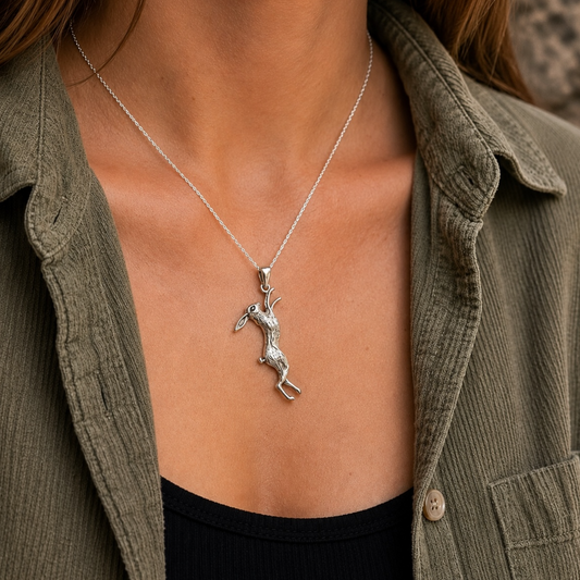 Handmade sterling silver March hare pendant necklace worn on a silver chain showing scale and detail