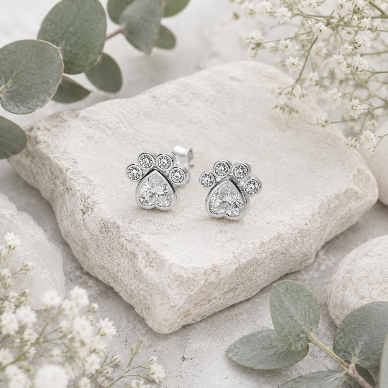 Sterling silver paw print stud earrings displayed on natural stone with botanical styling
