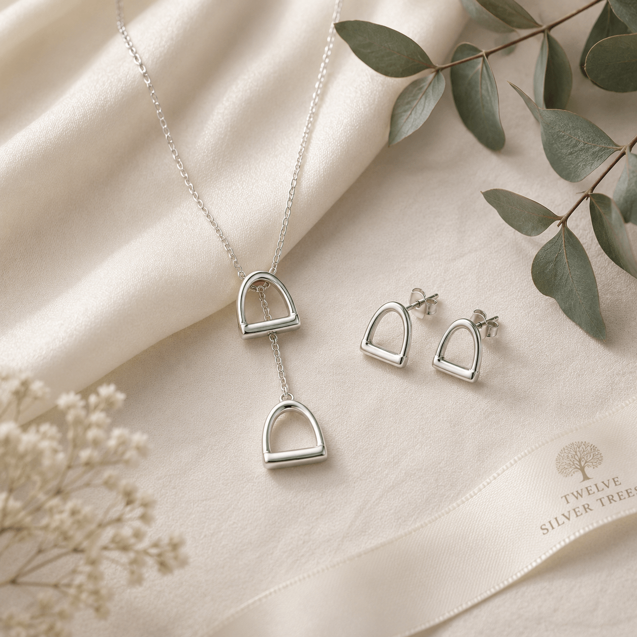 Small Sterling Silver Stirrup Necklace & Earring Gift Set - Twelve Silver Trees