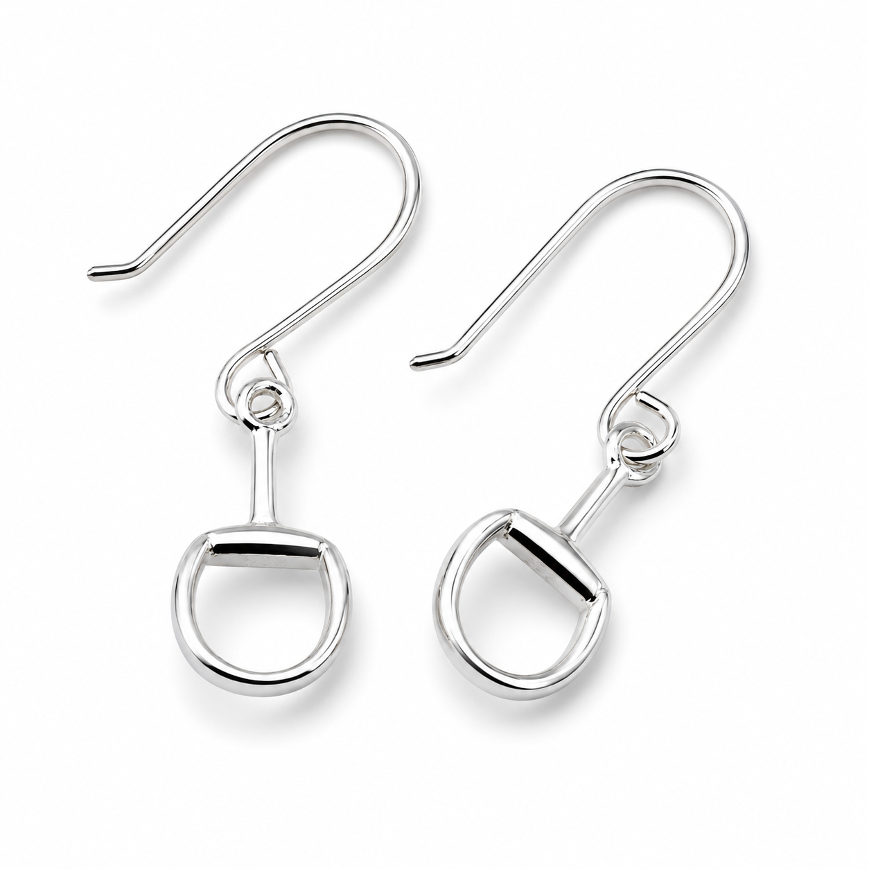 Sterling silver snaffle bit hook earrings on a clean white background with polished equestrian-inspired detailing