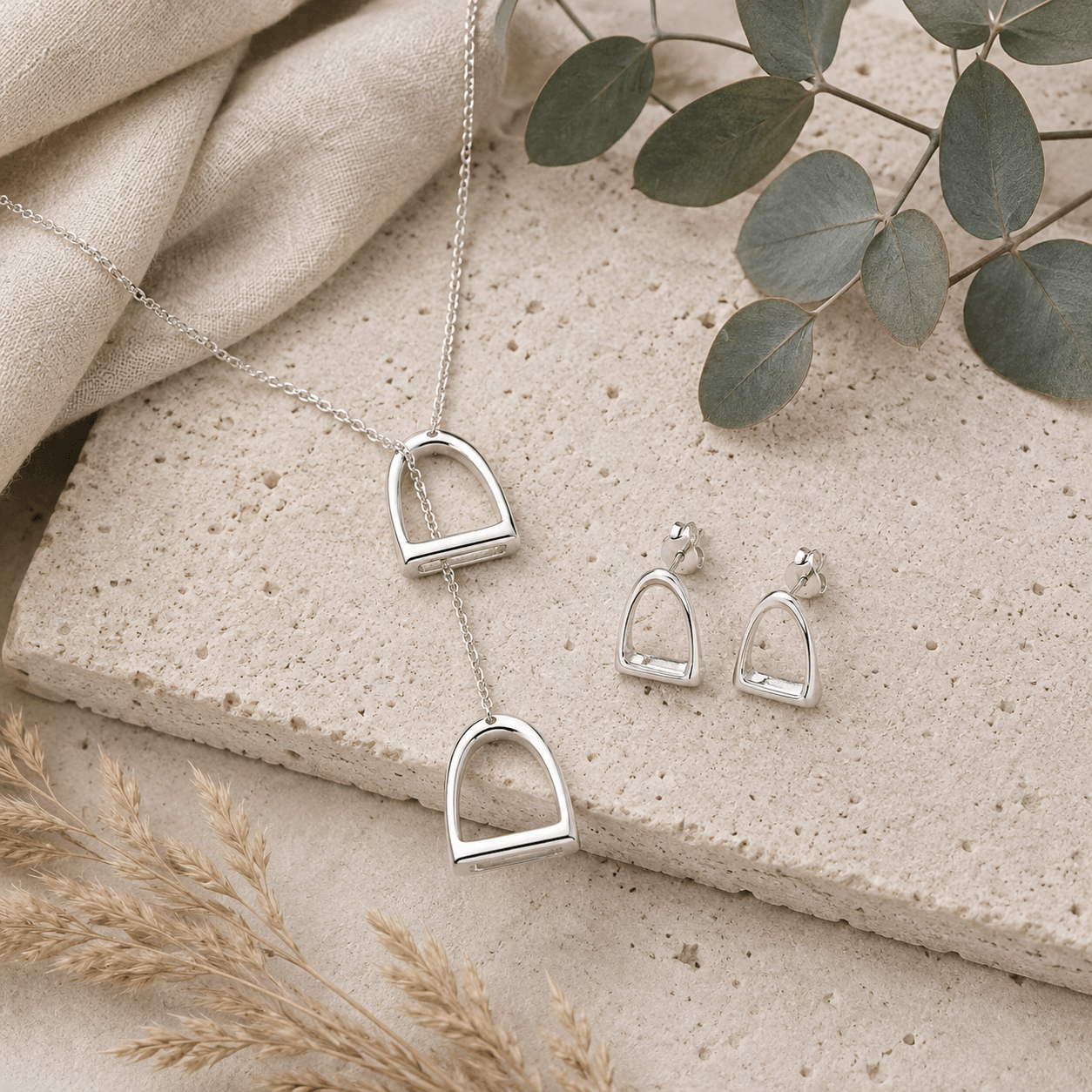 Large Sterling Silver Stirrup Necklace & Earring Set - Twelve Silver Trees