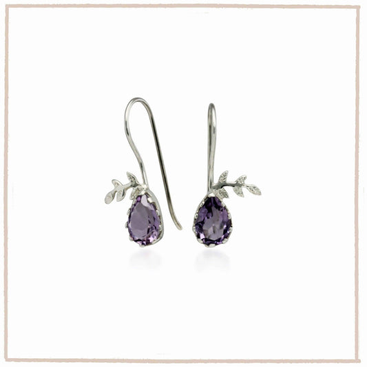 Amethyst Leaf Hook Earrings in Sterling Silver - Twelve Silver Trees