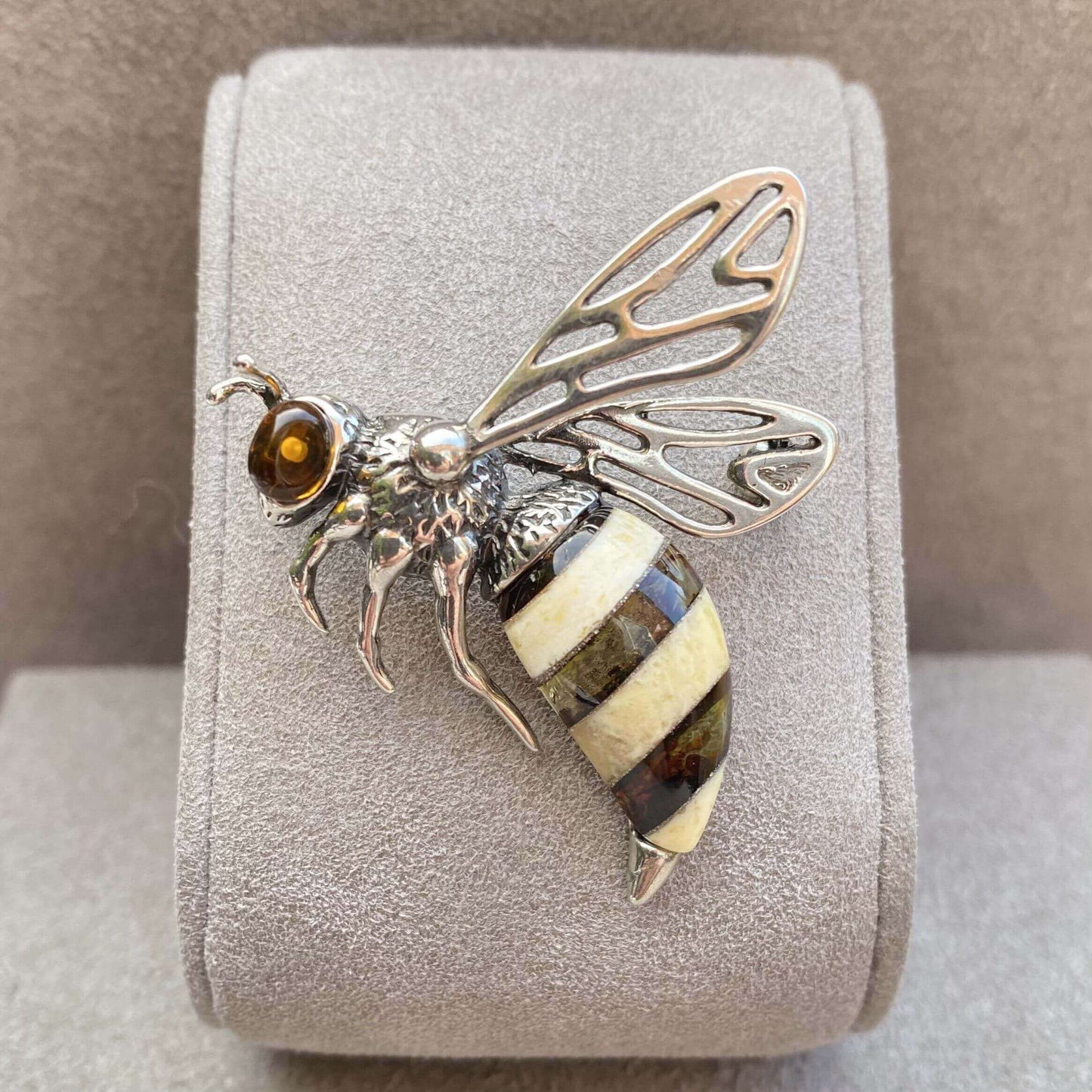 Baltic Amber Bee Sterling Silver Brooch - Twelve Silver Trees