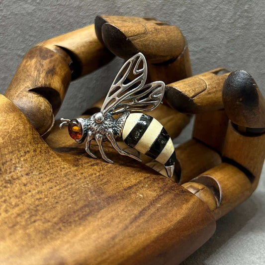 Baltic Amber Bee Sterling Silver Brooch - Twelve Silver Trees