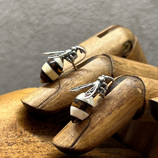 Baltic Amber dainty Bee Stud Earrings handmade in sterling silver from the bee collection at Twelve Silver Trees Jewellery