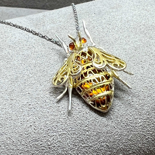 Baltic Amber Fly Pendant In Sterling Silver & 14 Carat Gold - Twelve Silver Trees