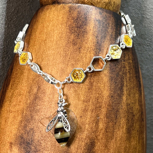 Baltic Amber Honeycomb & Bee Sterling Silver Charm Bracelet - Twelve Silver Trees