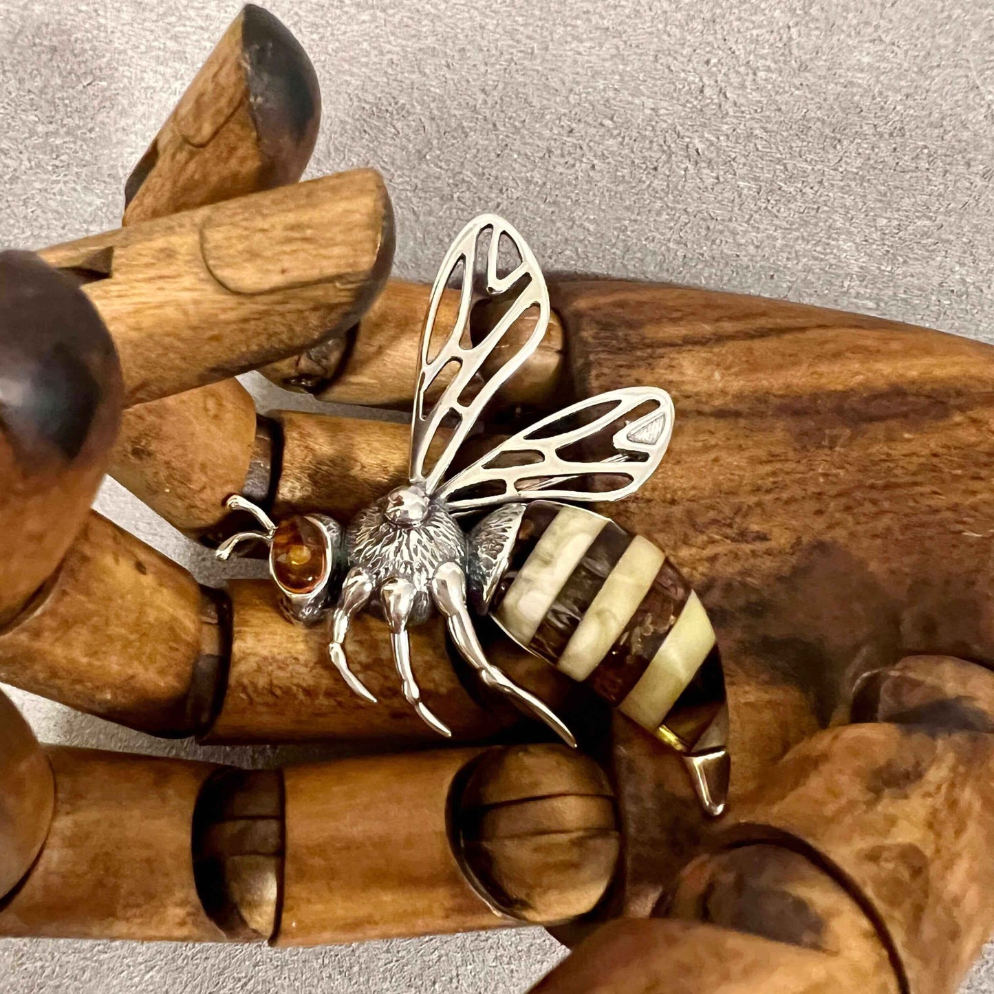 Baltic Amber Bee Extra Large Sterling Silver Brooch - Twelve Silver Trees