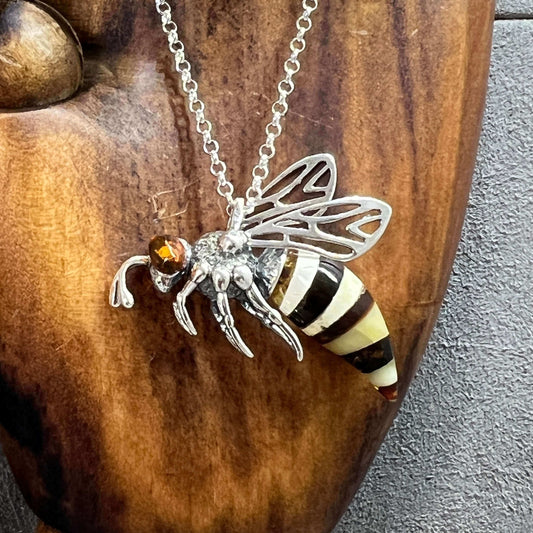 Baltic Amber Large Bee Sterling Silver Pendant - Twelve Silver Trees