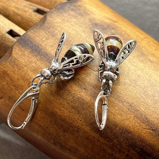 Baltic Amber Medium Bee Sterling Silver Drop Earrings - Twelve Silver Trees